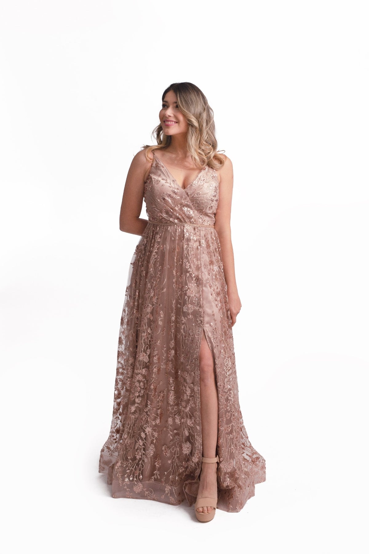 Vestido Fiesta Dorado Envejecido con Aplicaciones Glitter - M / Dorado