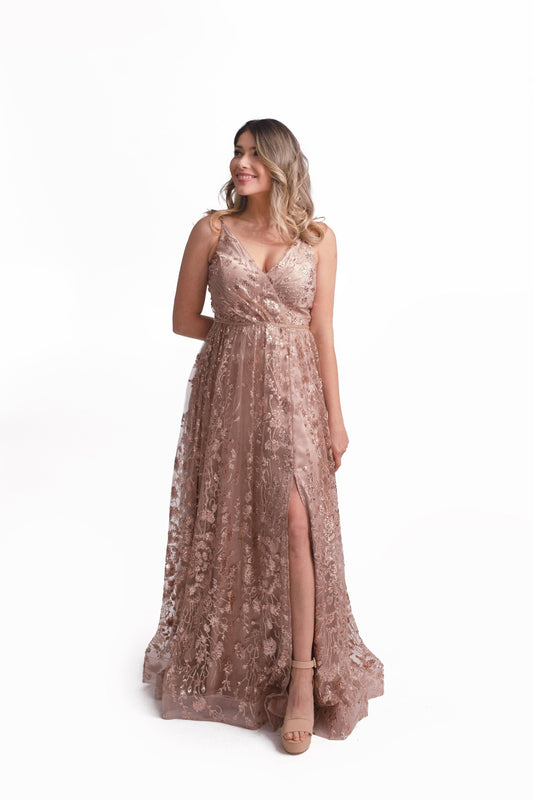 Vestido Fiesta Dorado Envejecido con Aplicaciones Glitter