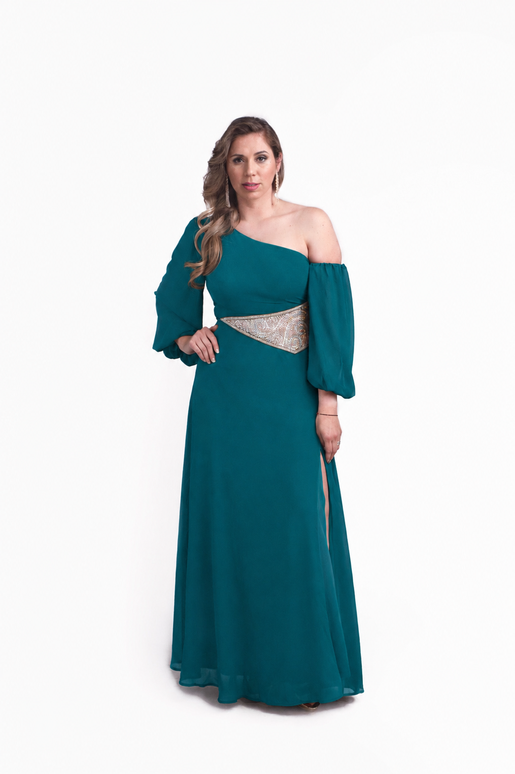 Vestido de Fiesta Asimétrico de Gasa con Mangas - S / Turquesa