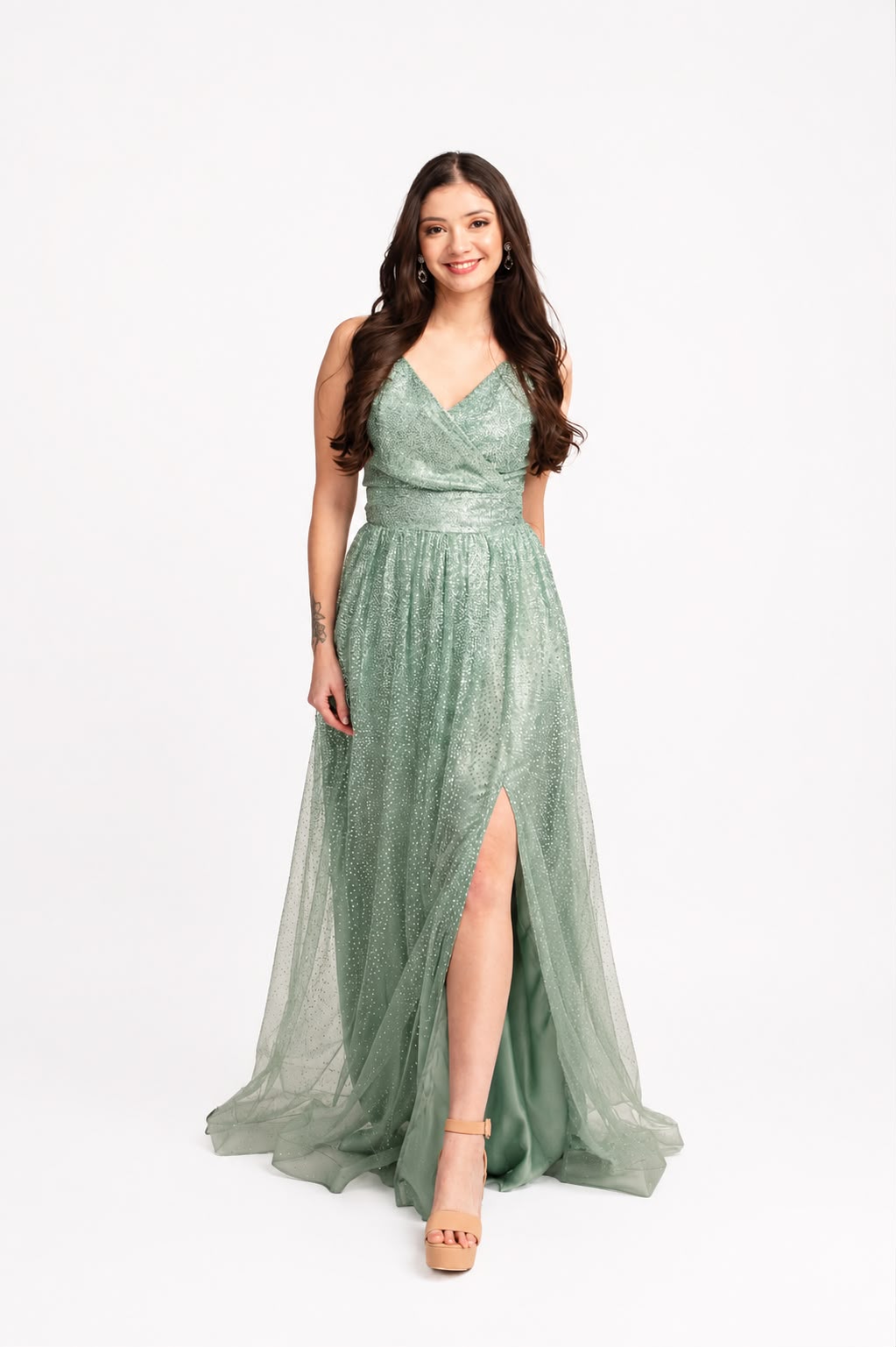 Vestido de Fiesta Textura Luminosa Verde Agua