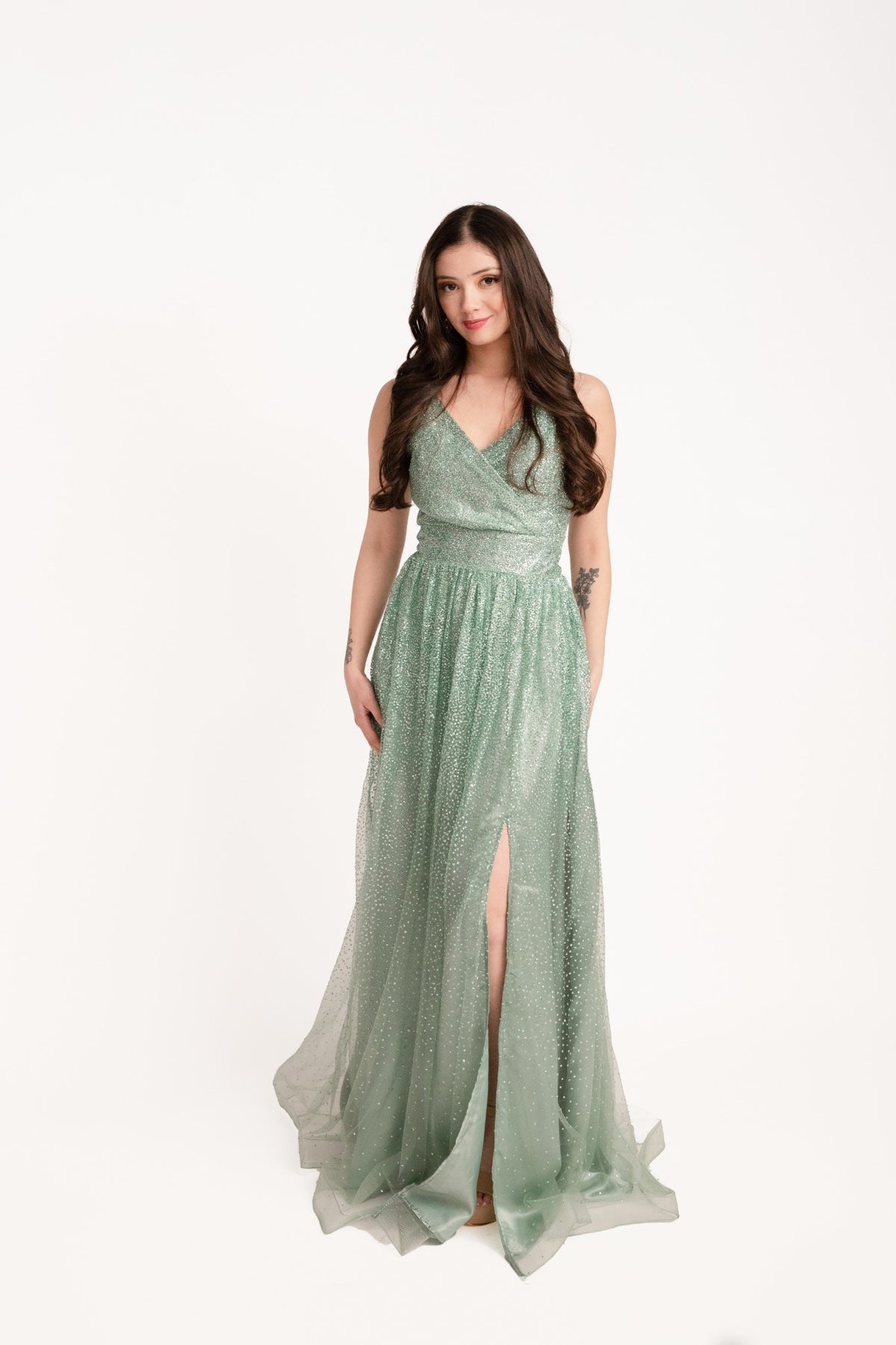 Vestido de Fiesta Textura Luminosa Verde Agua - S / Verde Agua