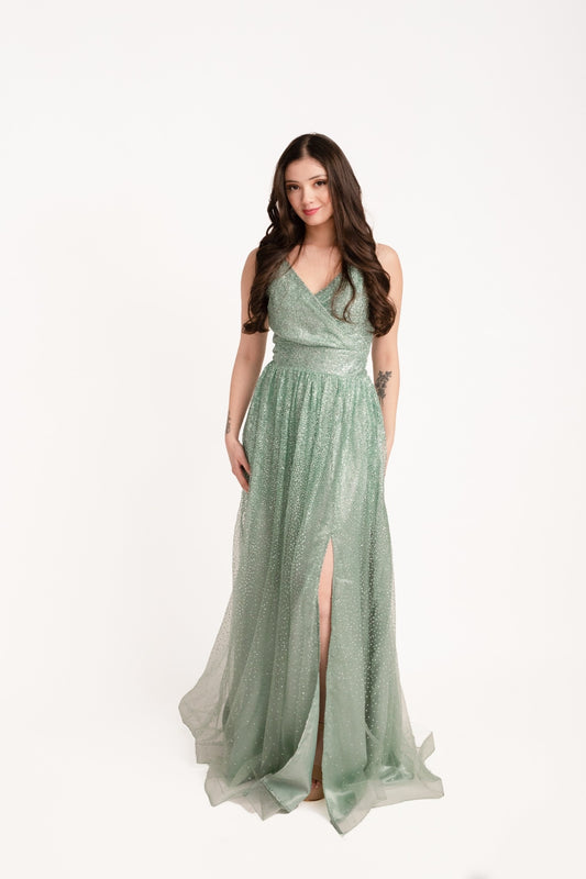 Vestido de Fiesta Textura Luminosa Verde Agua