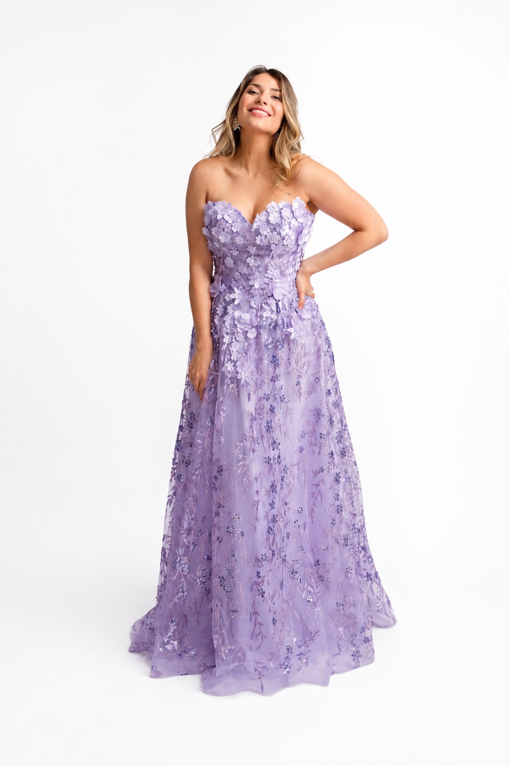 Vestido Fiesta Tull con Glitter y Flores 3D - M / Lavanda