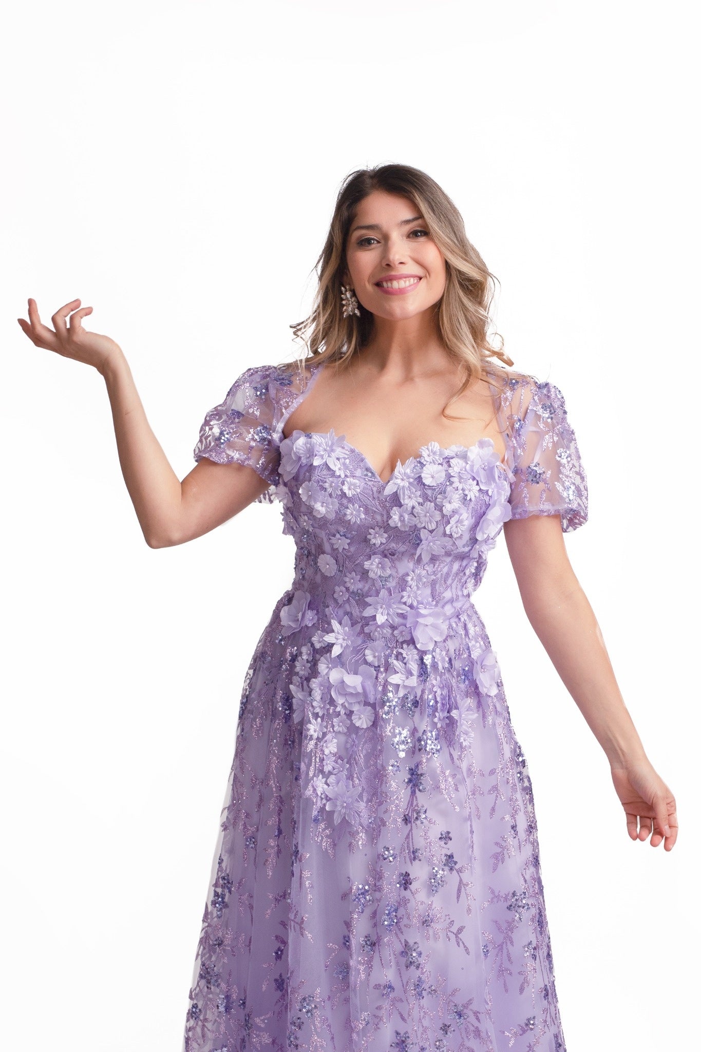 Vestido Fiesta Tull con Glitter y Flores 3D