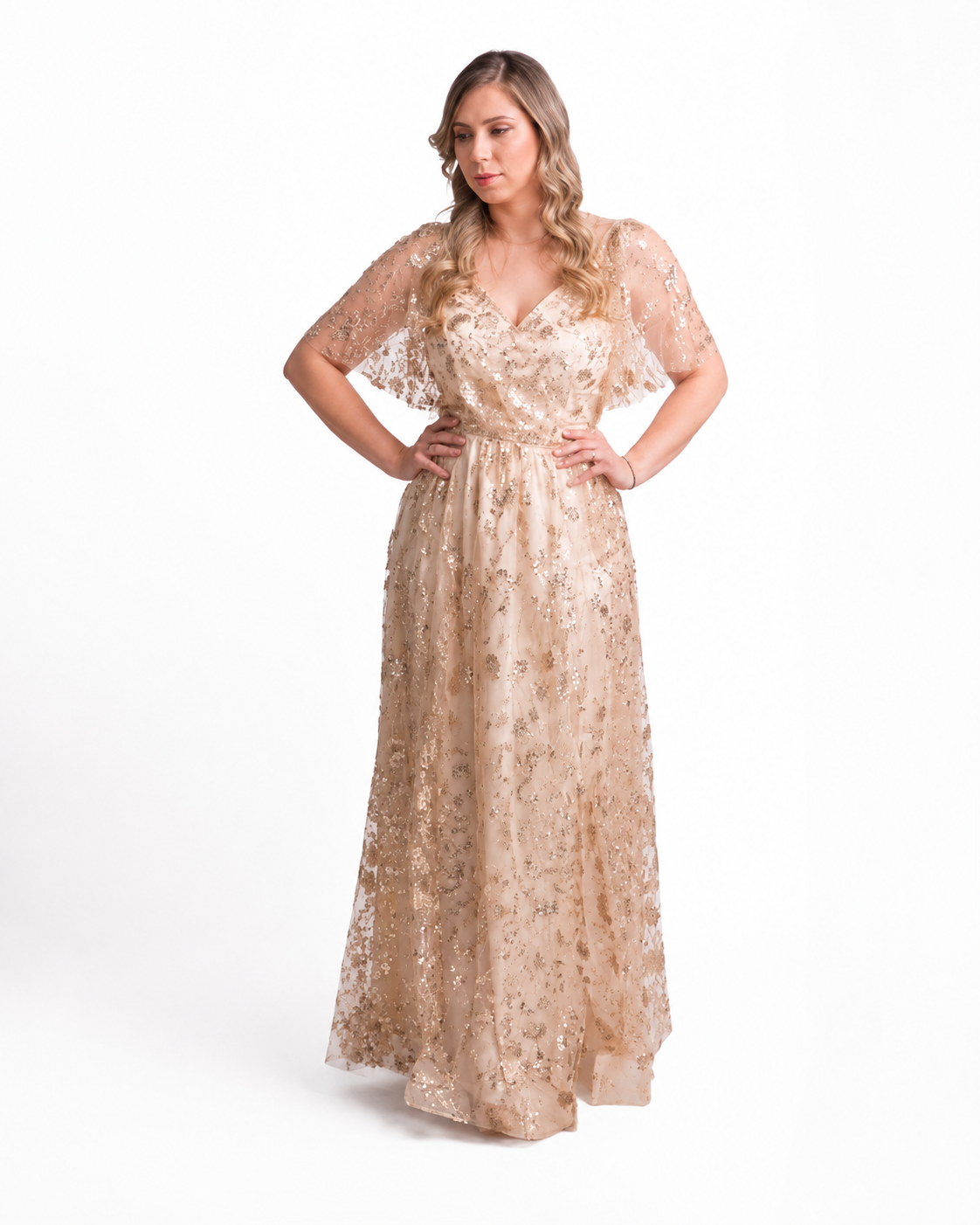 Vestido de Fiesta de Tull con Glitter con Mangas - XL / Champang