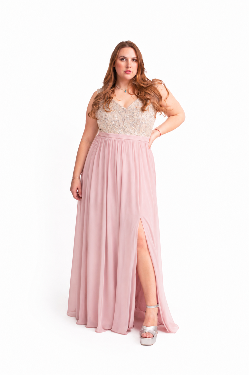 Vestido Gasa y Piedras en Rosa Pastel y Azul Rey - XL / Rosa pastel