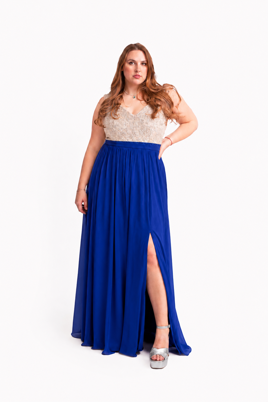 Vestido Gasa y Piedras en Rosa Pastel y Azul Rey
