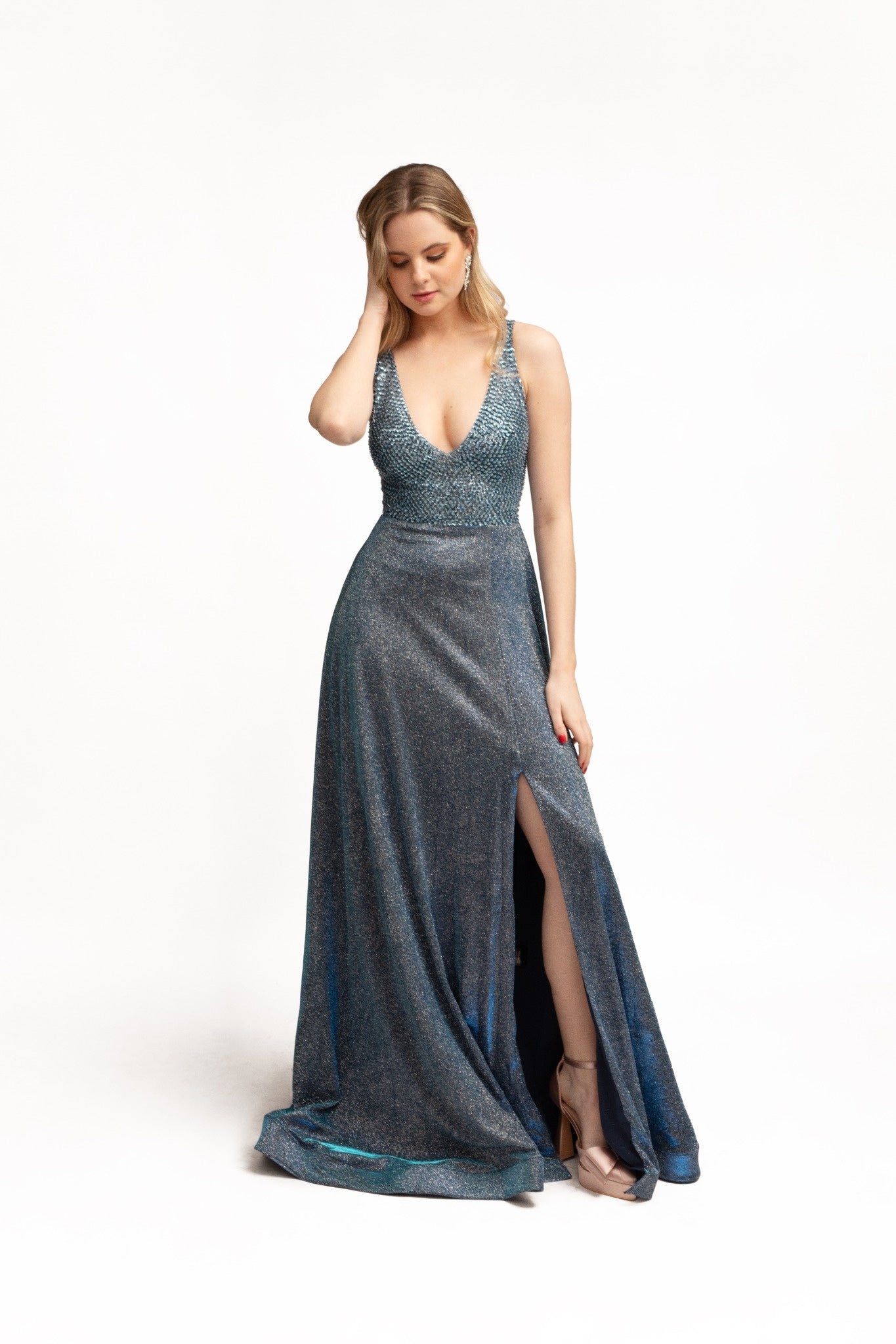 Vestido de Fiesta Holografico Luminoso Azul Acero