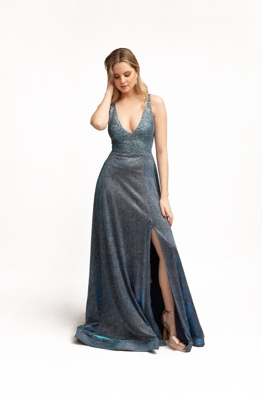 Vestido de Fiesta Holografico Luminoso Azul Acero