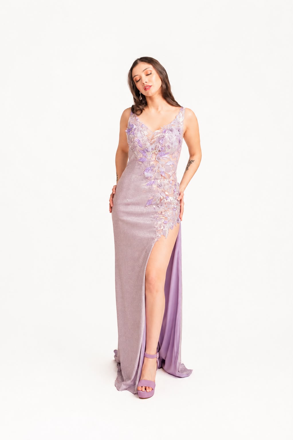 Vestido Fiesta Luminoso y con transparencia y Flores 3D - L / Lavanda